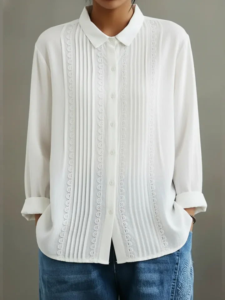 Claire™ | Women's Lace Trim Button-Up Long Sleeve Blouse