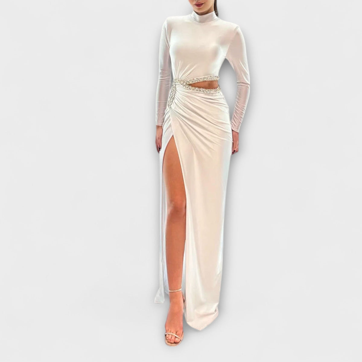 Style200™ | Selah White Long Sleeve Dress with Cutout and Rhinestones for Events