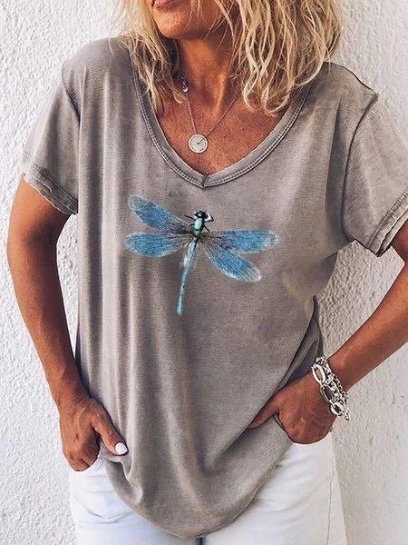 Luna™ | Women's Dragonfly Print V-Neck Short Sleeve Casual Tee