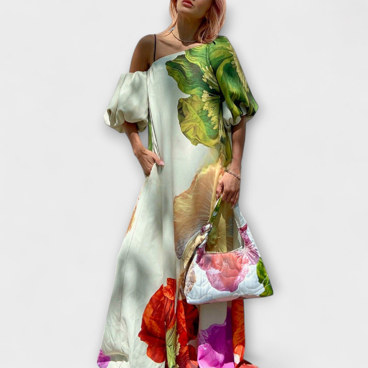 Style200™ | Floral Maxi Dress with Asymmetrical Neckline for Special Occasions