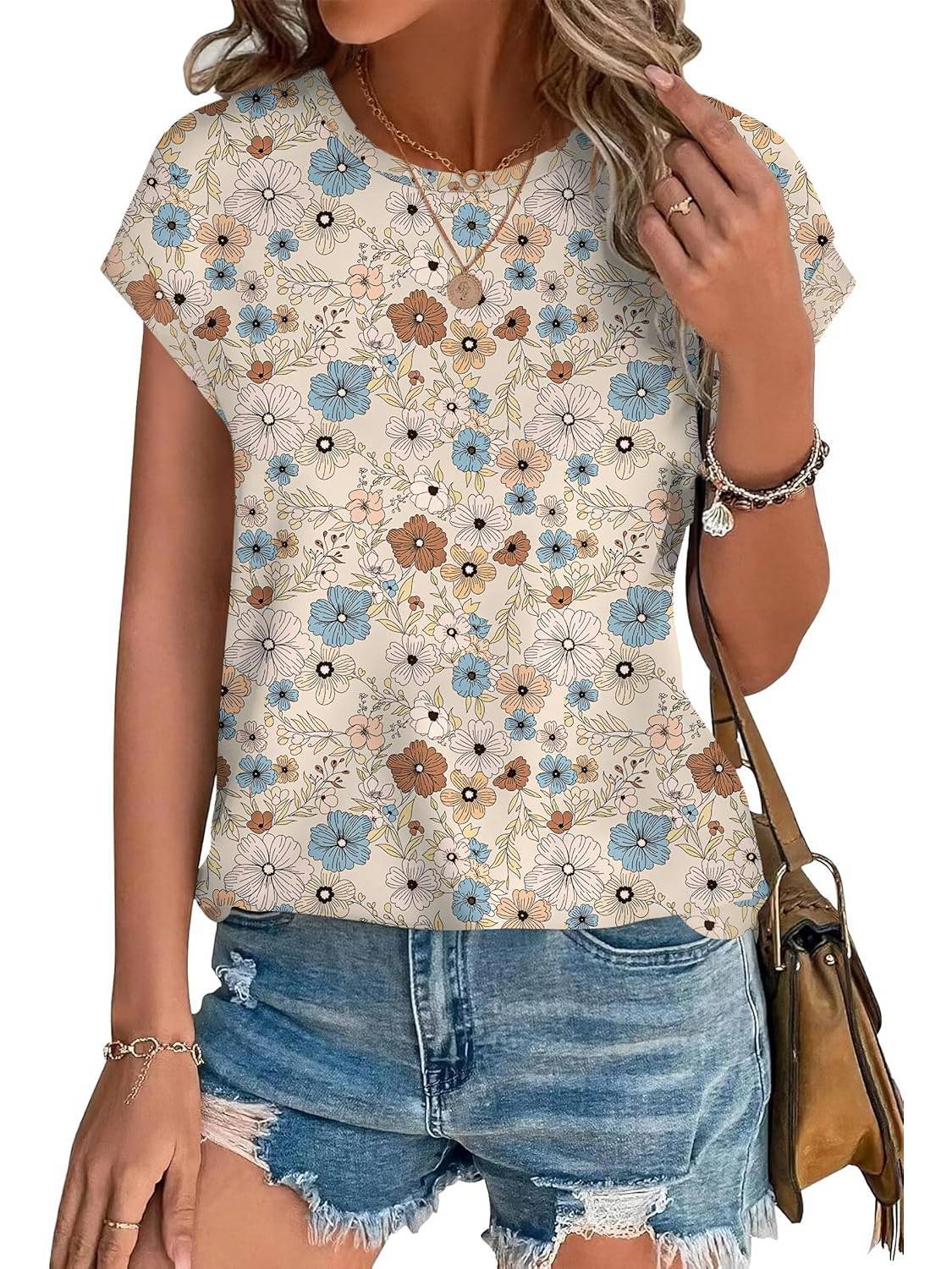 Meadow™ | Women's Leaf Print Crew Neck Cap Sleeve Casual Top