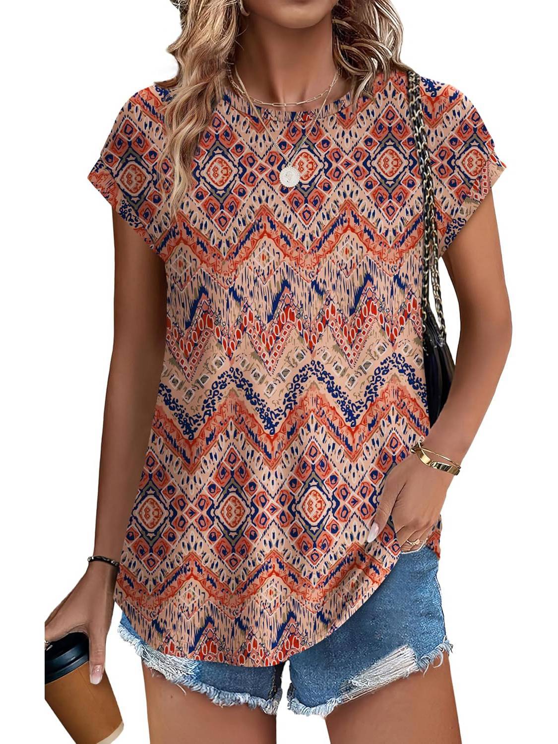 Meadow™ | Women's Leaf Print Crew Neck Cap Sleeve Casual Top