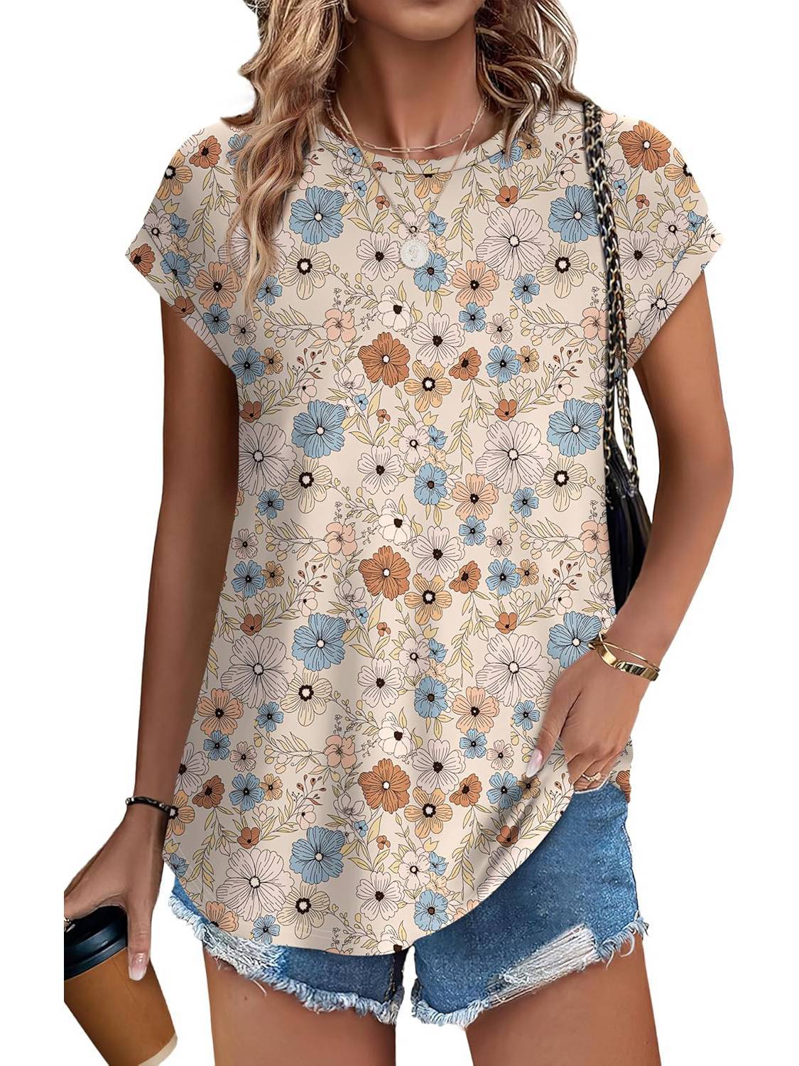Meadow™ | Women's Leaf Print Crew Neck Cap Sleeve Casual Top
