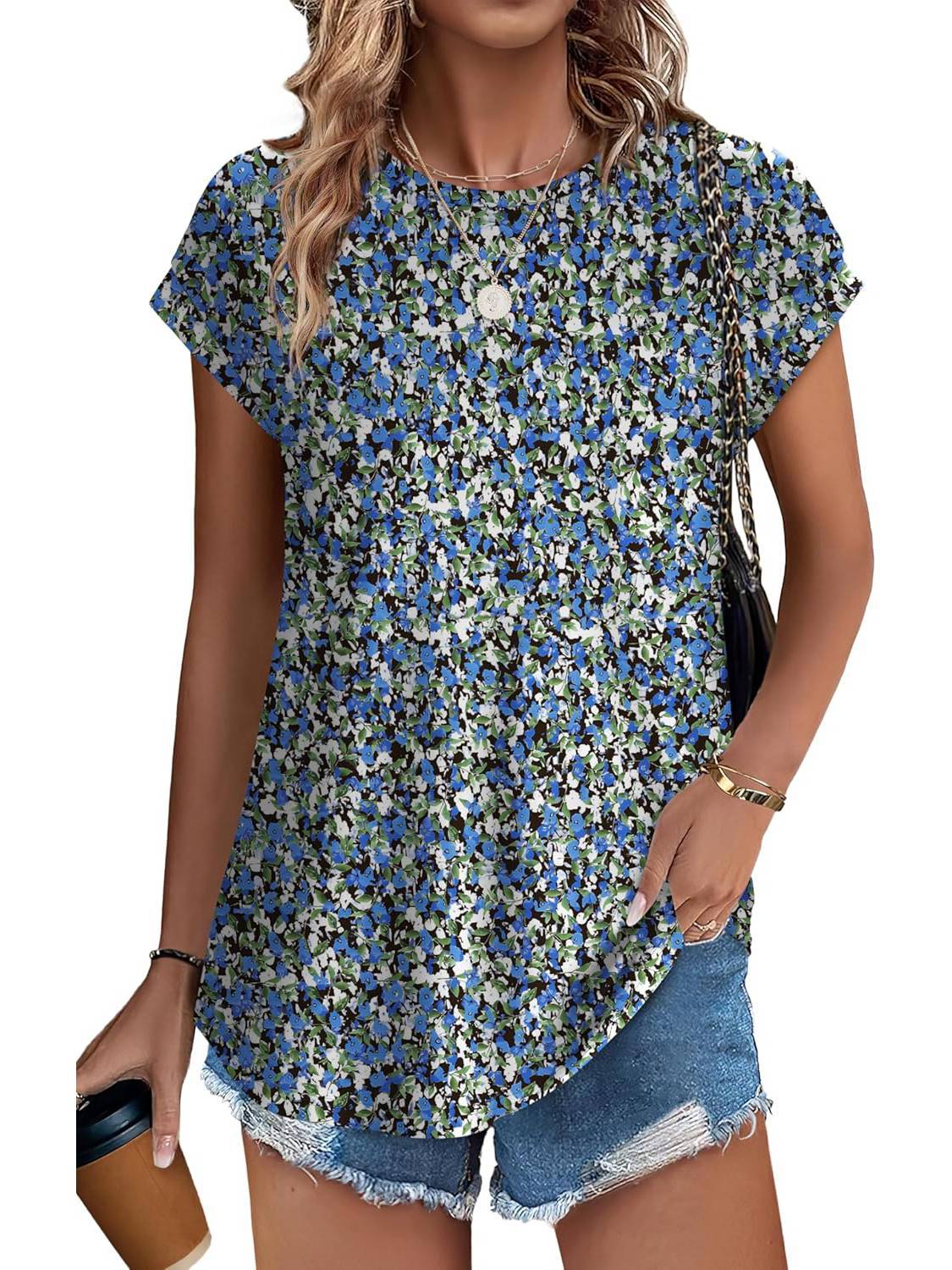 Meadow™ | Women's Leaf Print Crew Neck Cap Sleeve Casual Top