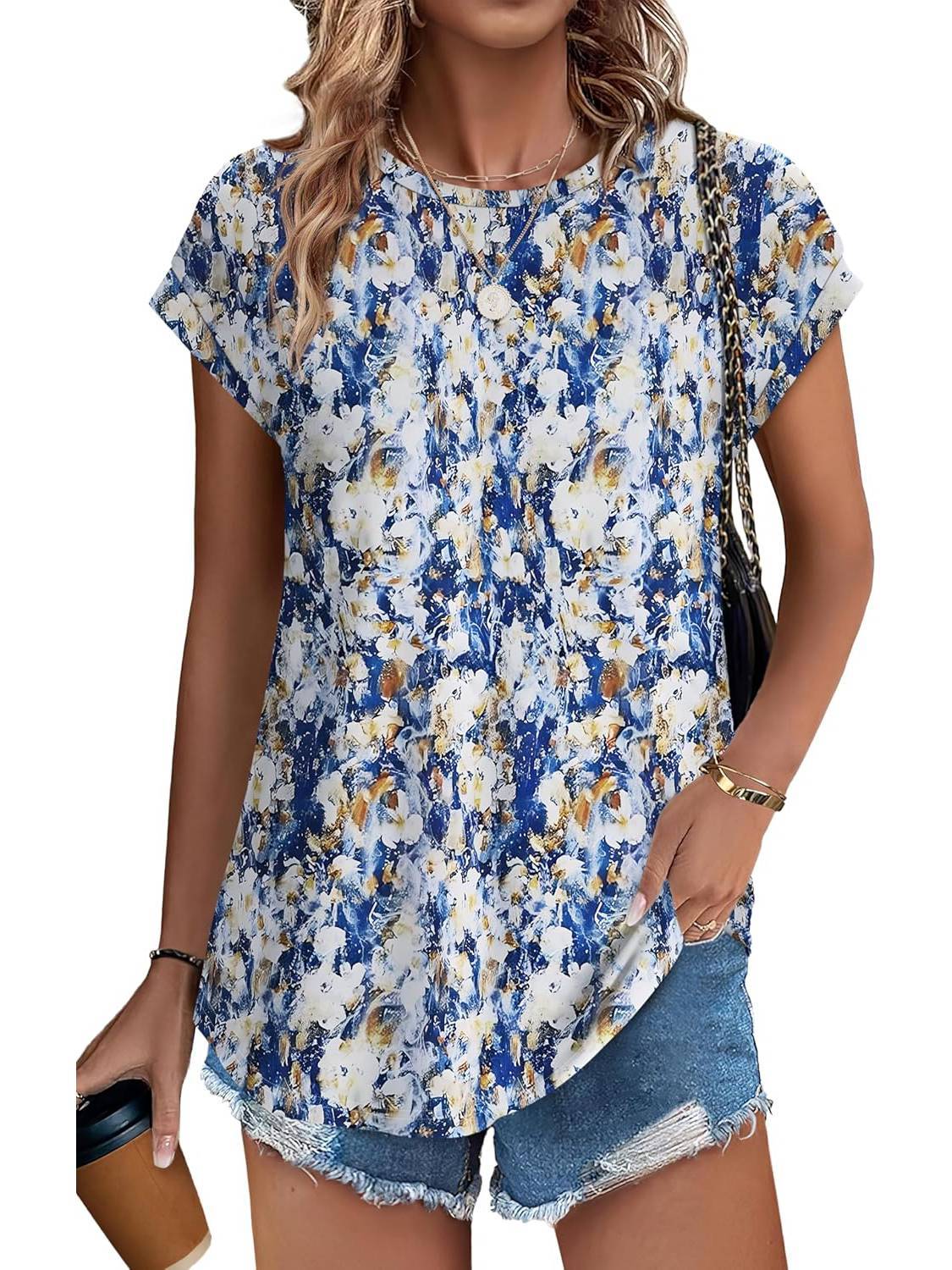 Meadow™ | Women's Leaf Print Crew Neck Cap Sleeve Casual Top