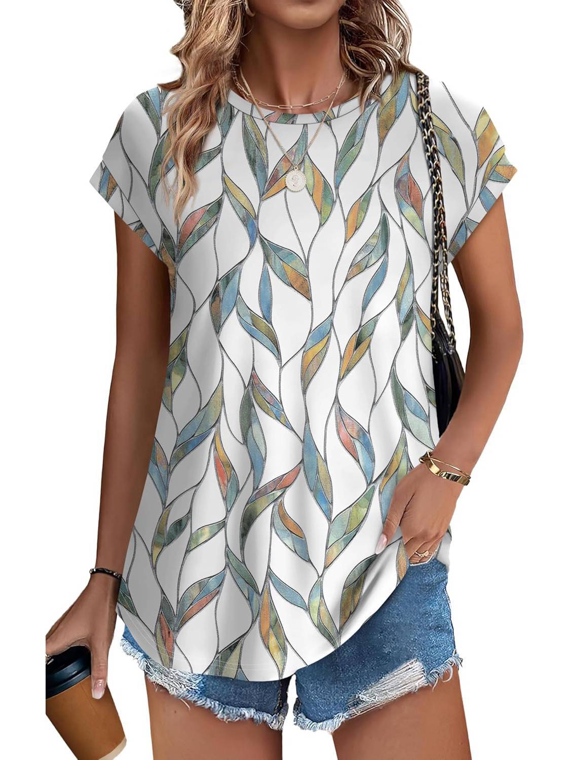 Meadow™ | Women's Leaf Print Crew Neck Cap Sleeve Casual Top