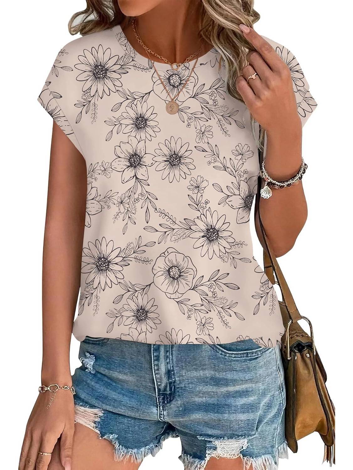 Meadow™ | Women's Leaf Print Crew Neck Cap Sleeve Casual Top