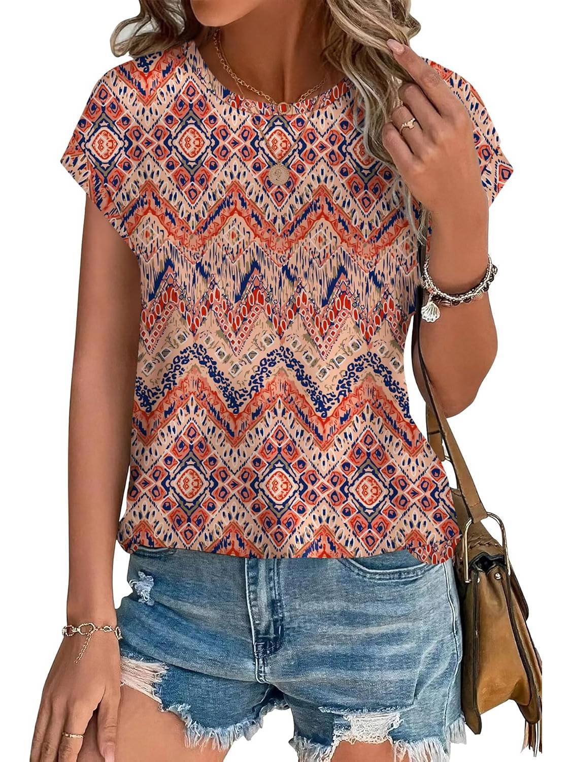 Meadow™ | Women's Leaf Print Crew Neck Cap Sleeve Casual Top