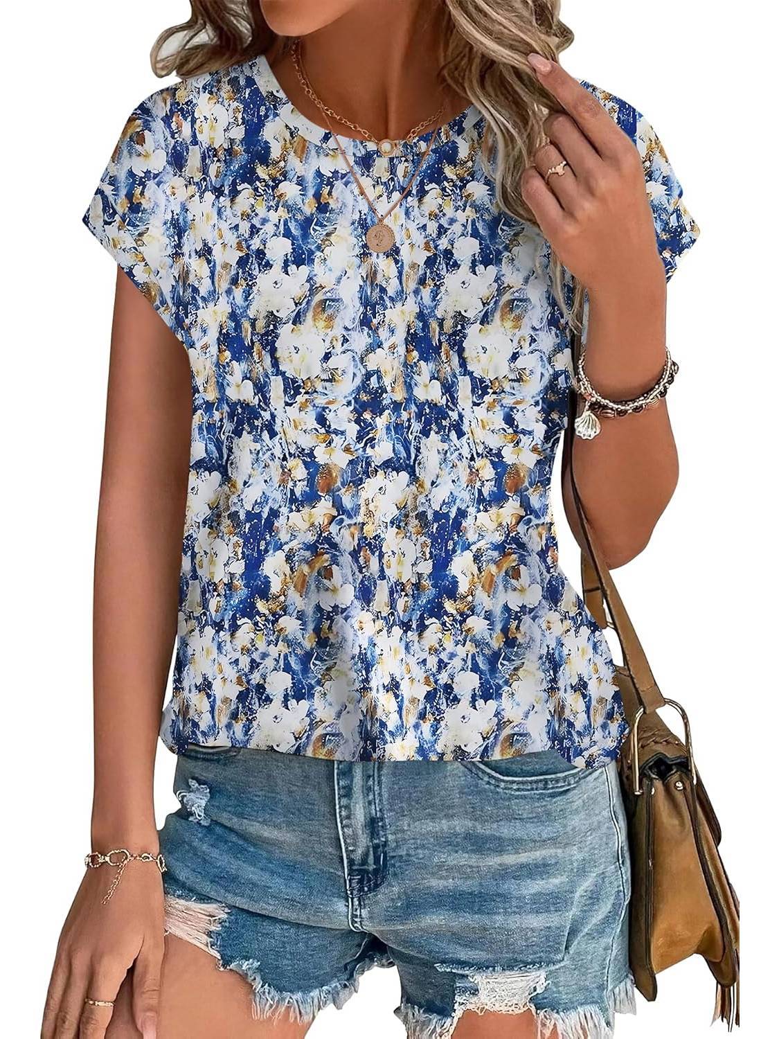 Meadow™ | Women's Leaf Print Crew Neck Cap Sleeve Casual Top