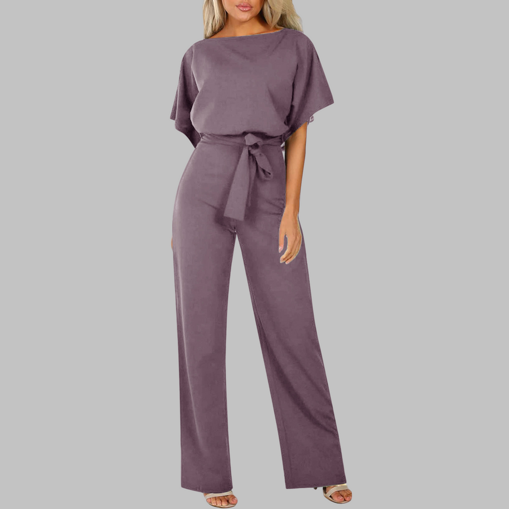 Sunny™ | Women's Belted Wide Leg Jumpsuit Batwing Sleeve Crewneck