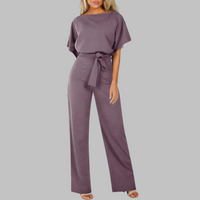 Sunny™ | Women's Belted Wide Leg Jumpsuit Batwing Sleeve Crewneck