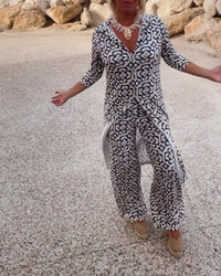 Mosa™ | Women's Printed Two Piece Set Longline Shirt Straight Pants