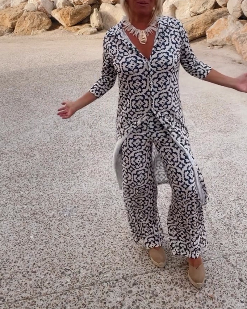 Mosa™ | Women's Printed Two Piece Set Longline Shirt Straight Pants