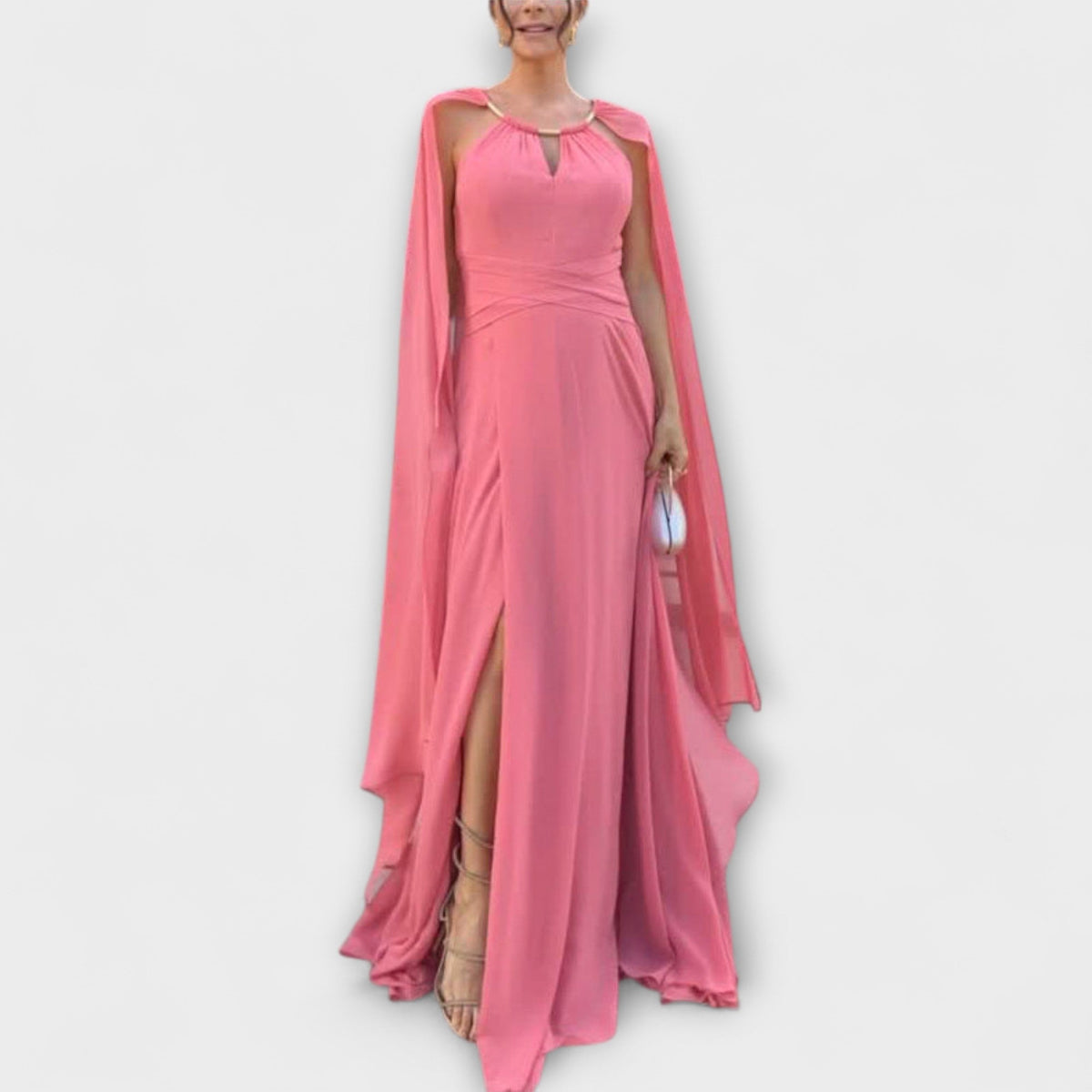 Style200™ | Chic Maxi Dress with Cape Sleeves & High Slit