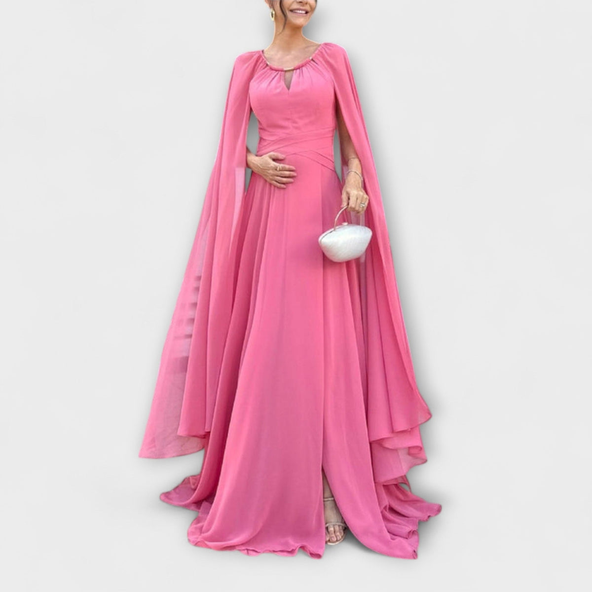 Style200™ | Chic Maxi Dress with Cape Sleeves & High Slit