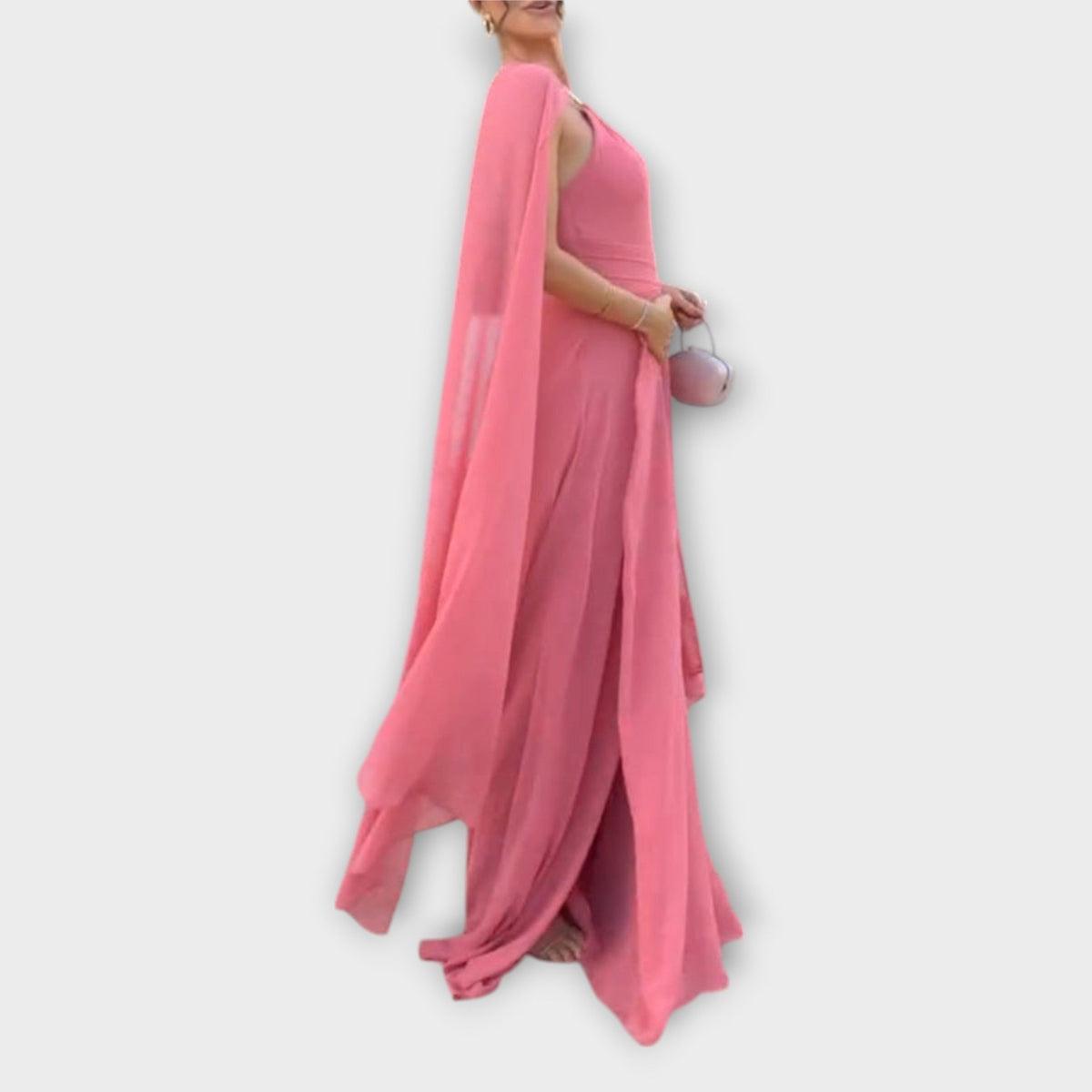 Style200™ | Chic Maxi Dress with Cape Sleeves & High Slit