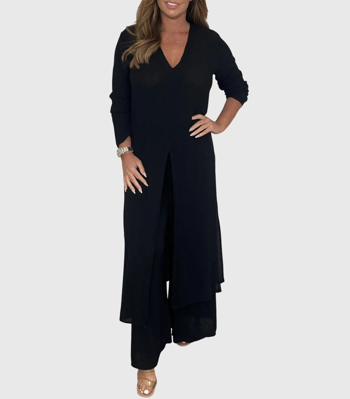 Pearl™ | Women's Duster Cardigan Two-Piece Set Wide Leg Pants