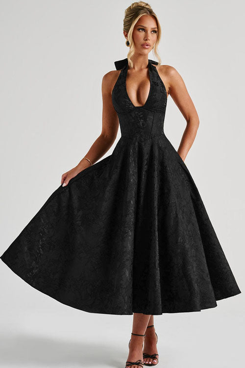 Genevieve™ | V-Neck Halterneck Sleeveless Jacquard Maxi Dress