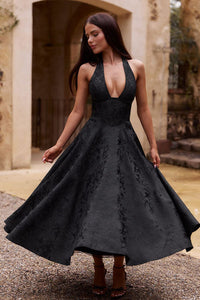 Genevieve™ | V-Neck Halterneck Sleeveless Jacquard Maxi Dress