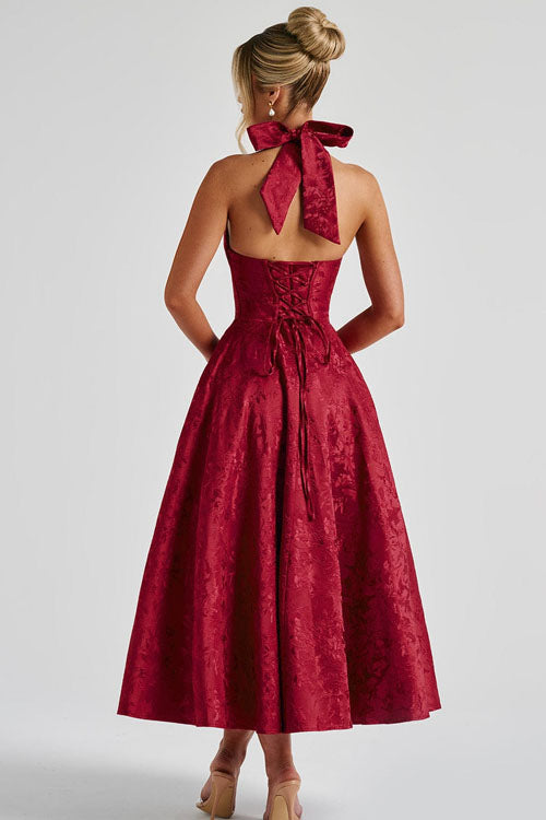 Genevieve™ | V-Neck Halterneck Sleeveless Jacquard Maxi Dress