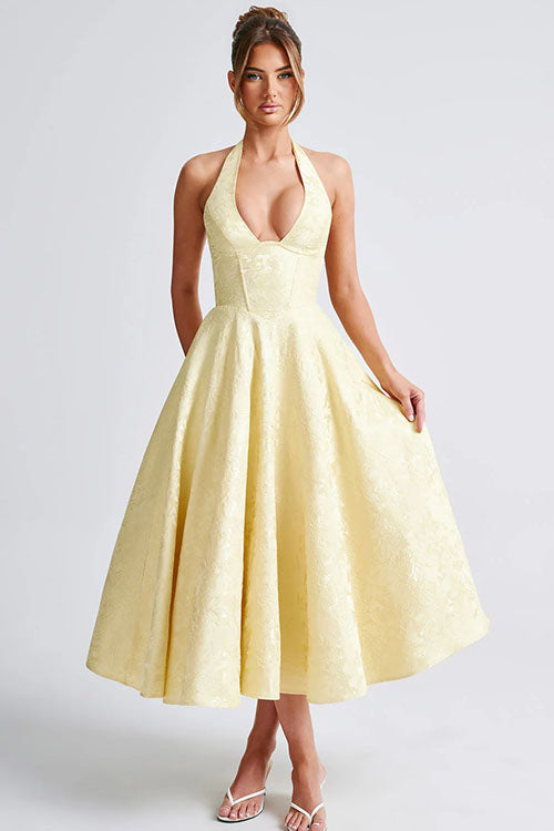 Genevieve™ | V-Neck Halterneck Sleeveless Jacquard Maxi Dress