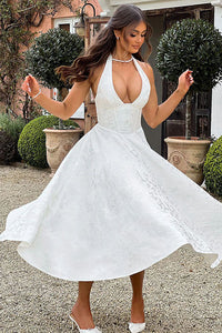 Genevieve™ | V-Neck Halterneck Sleeveless Jacquard Maxi Dress