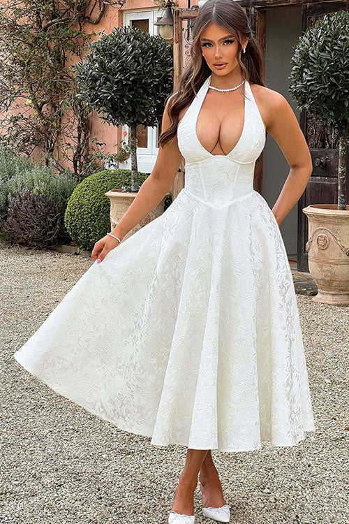 Genevieve™ | V-Neck Halterneck Sleeveless Jacquard Maxi Dress