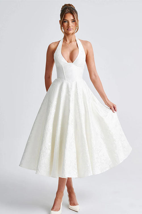 Genevieve™ | V-Neck Halterneck Sleeveless Jacquard Maxi Dress