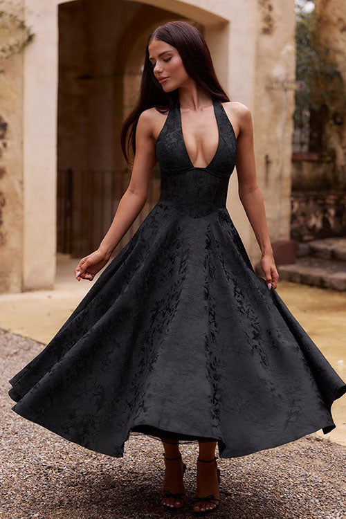 Genevieve™ | V-Neck Halterneck Sleeveless Jacquard Maxi Dress