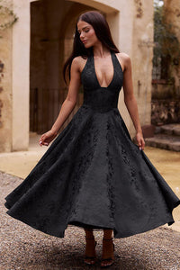 Genevieve™ | V-Neck Halterneck Sleeveless Jacquard Maxi Dress