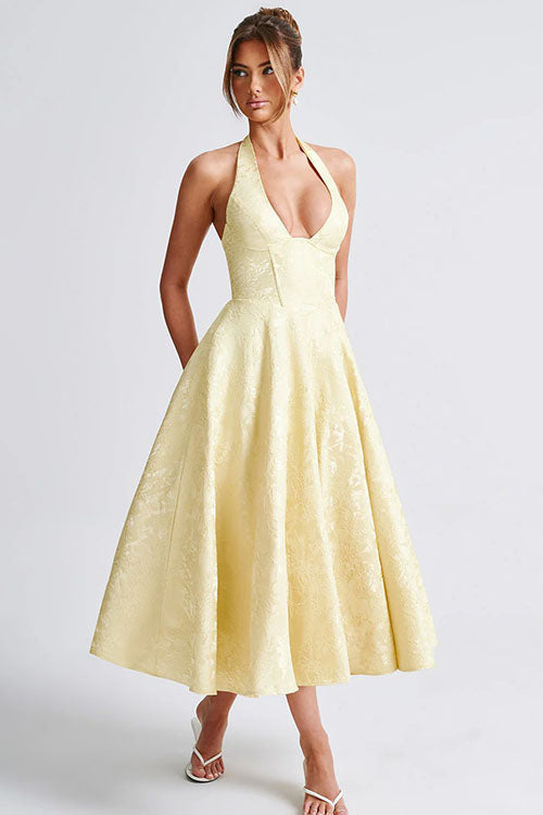 Genevieve™ | V-Neck Halterneck Sleeveless Jacquard Maxi Dress