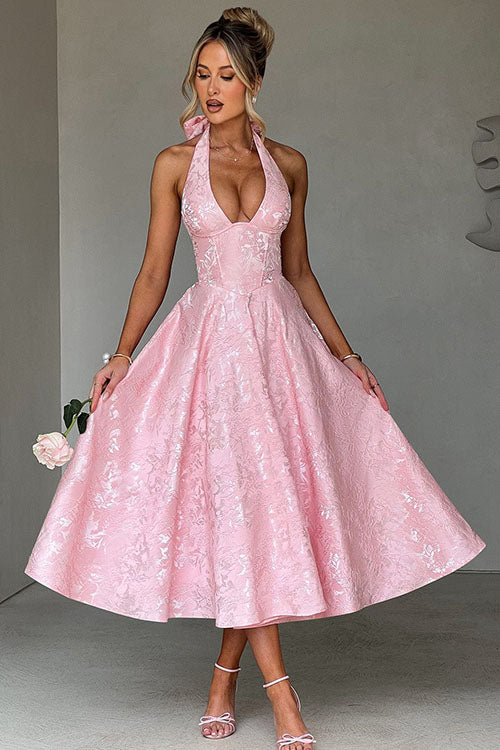 Genevieve™ | V-Neck Halterneck Sleeveless Jacquard Maxi Dress