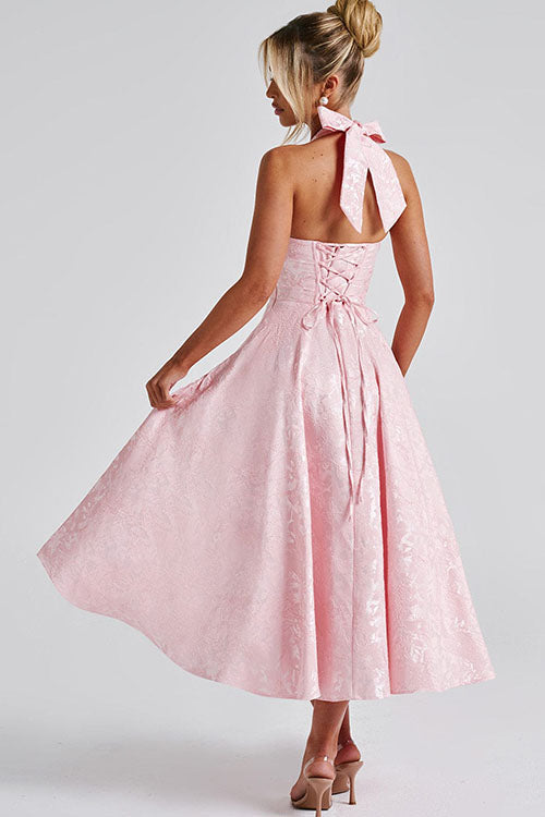 Genevieve™ | V-Neck Halterneck Sleeveless Jacquard Maxi Dress