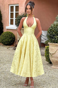 Genevieve™ | V-Neck Halterneck Sleeveless Jacquard Maxi Dress