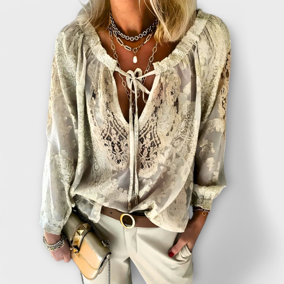 Zeleste™ | Women's Lace V-Neck Blouse Long Sleeve Boho Top