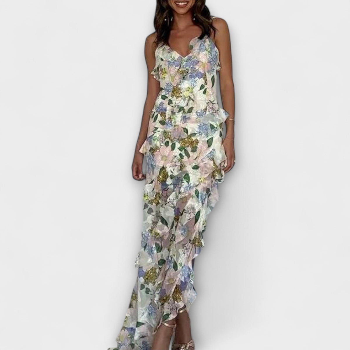 Style200™ | Chic Ruffled Dress with Strap Print for Any Occasion