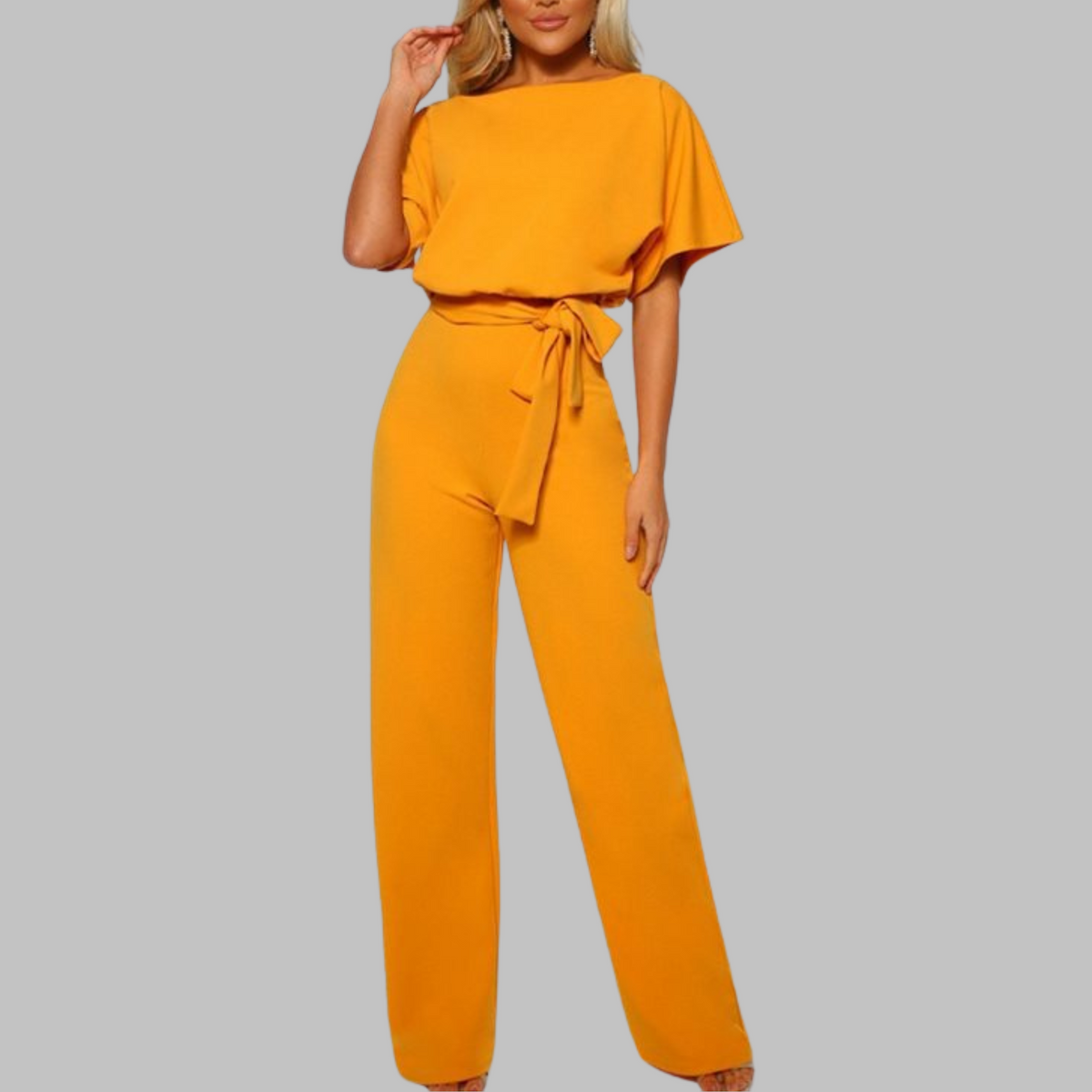 Sunny™ | Women's Belted Wide Leg Jumpsuit Batwing Sleeve Crewneck