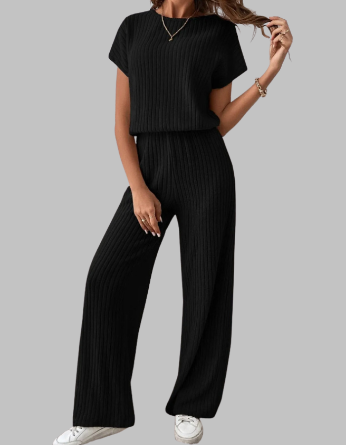 Nora™ | Women's Ribbed Two Piece Set Short Sleeve Top Wide Leg Pants