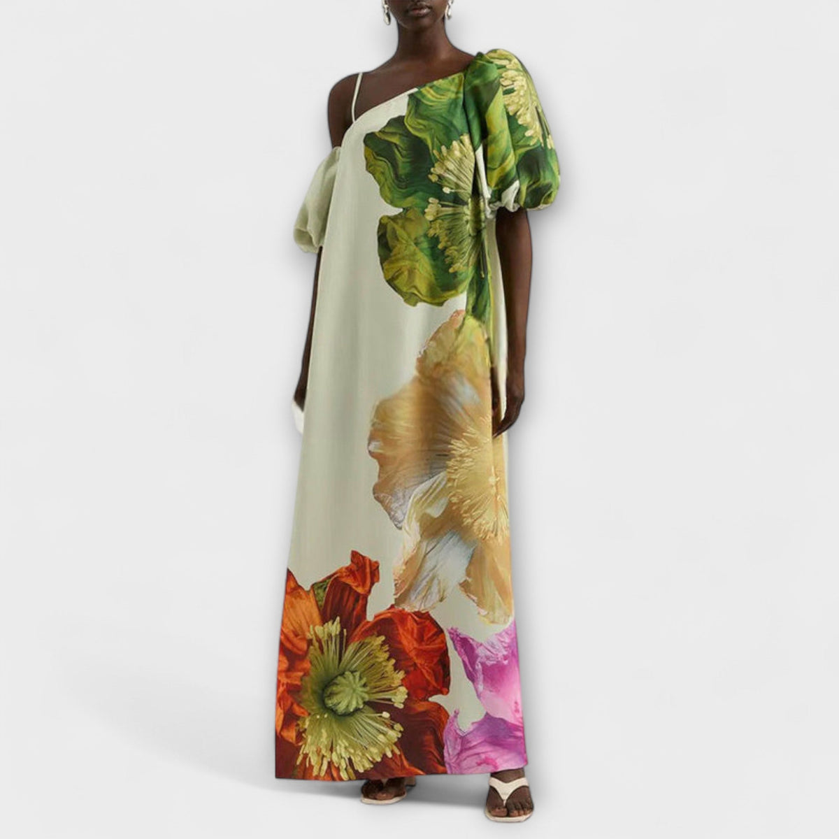 Style200™ | Floral Maxi Dress with Asymmetrical Neckline for Special Occasions