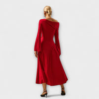 Style200™ | Chic Off-Shoulder Midi Dress with Balloon Sleeves for Any Occasion