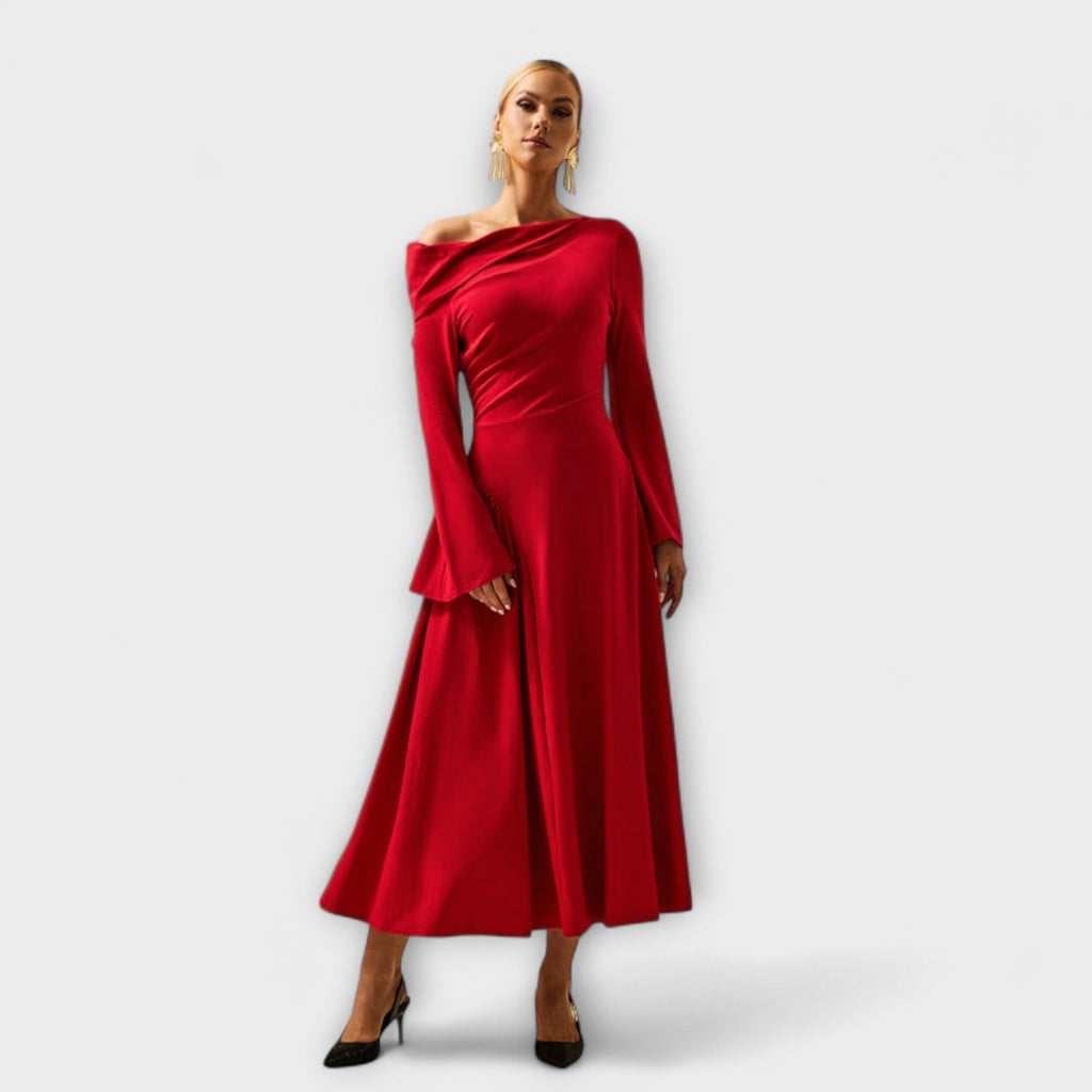 Style200™ | Chic Off-Shoulder Midi Dress with Balloon Sleeves for Any Occasion
