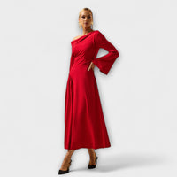 Style200™ | Chic Off-Shoulder Midi Dress with Balloon Sleeves for Any Occasion