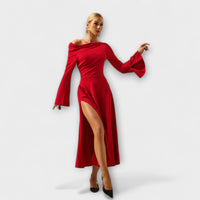 Style200™ | Chic Off-Shoulder Midi Dress with Balloon Sleeves for Any Occasion