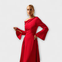 Style200™ | Chic Off-Shoulder Midi Dress with Balloon Sleeves for Any Occasion