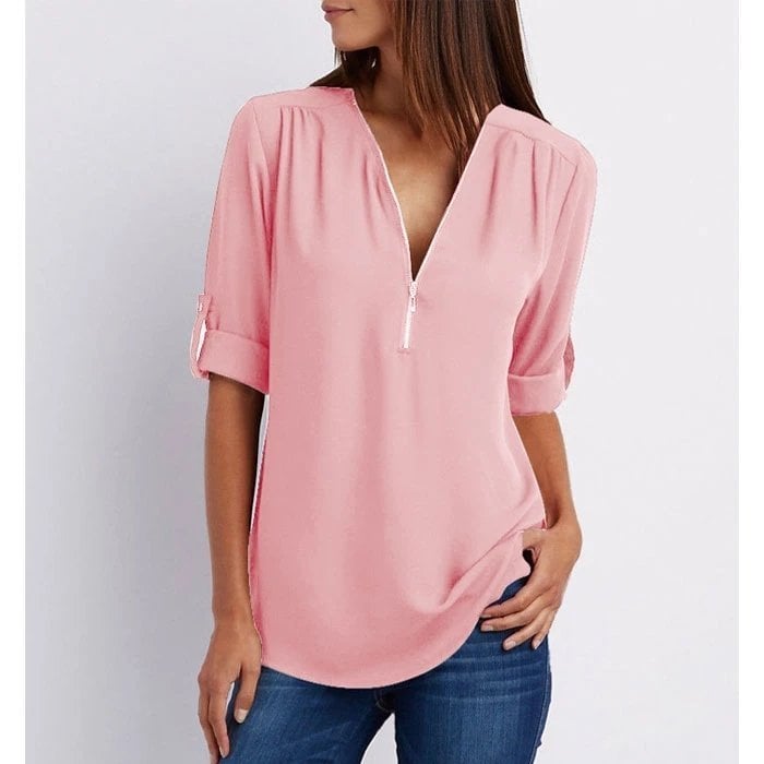Rosé™ | Women's Zip-Up V-Neck Half Sleeve Casual Blouse Top