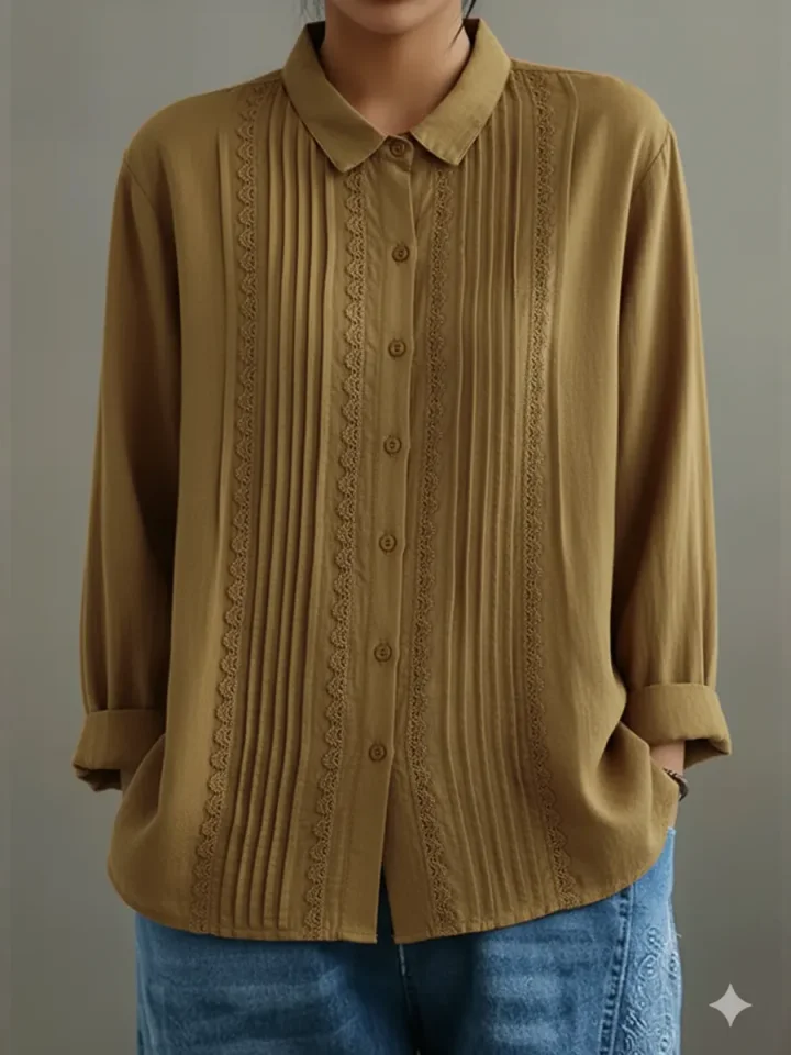 Claire™ | Women's Lace Trim Button-Up Long Sleeve Blouse