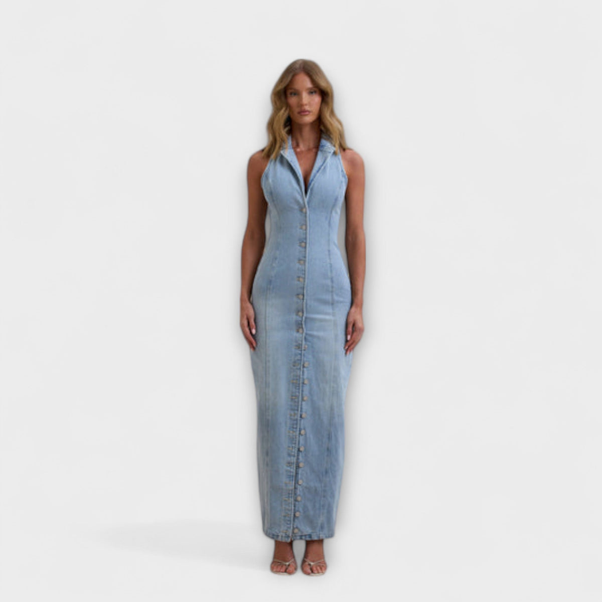 Style200™ | Chic Mid Wash Denim Maxi Dress for Any Occasion