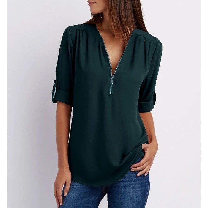 Rosé™ | Women's Zip-Up V-Neck Half Sleeve Casual Blouse Top