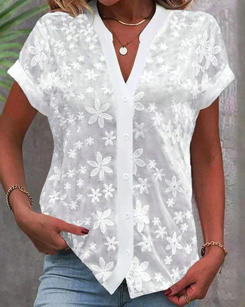 Claire™ | Women's Short Sleeve Floral Lace Button-Down Blouse