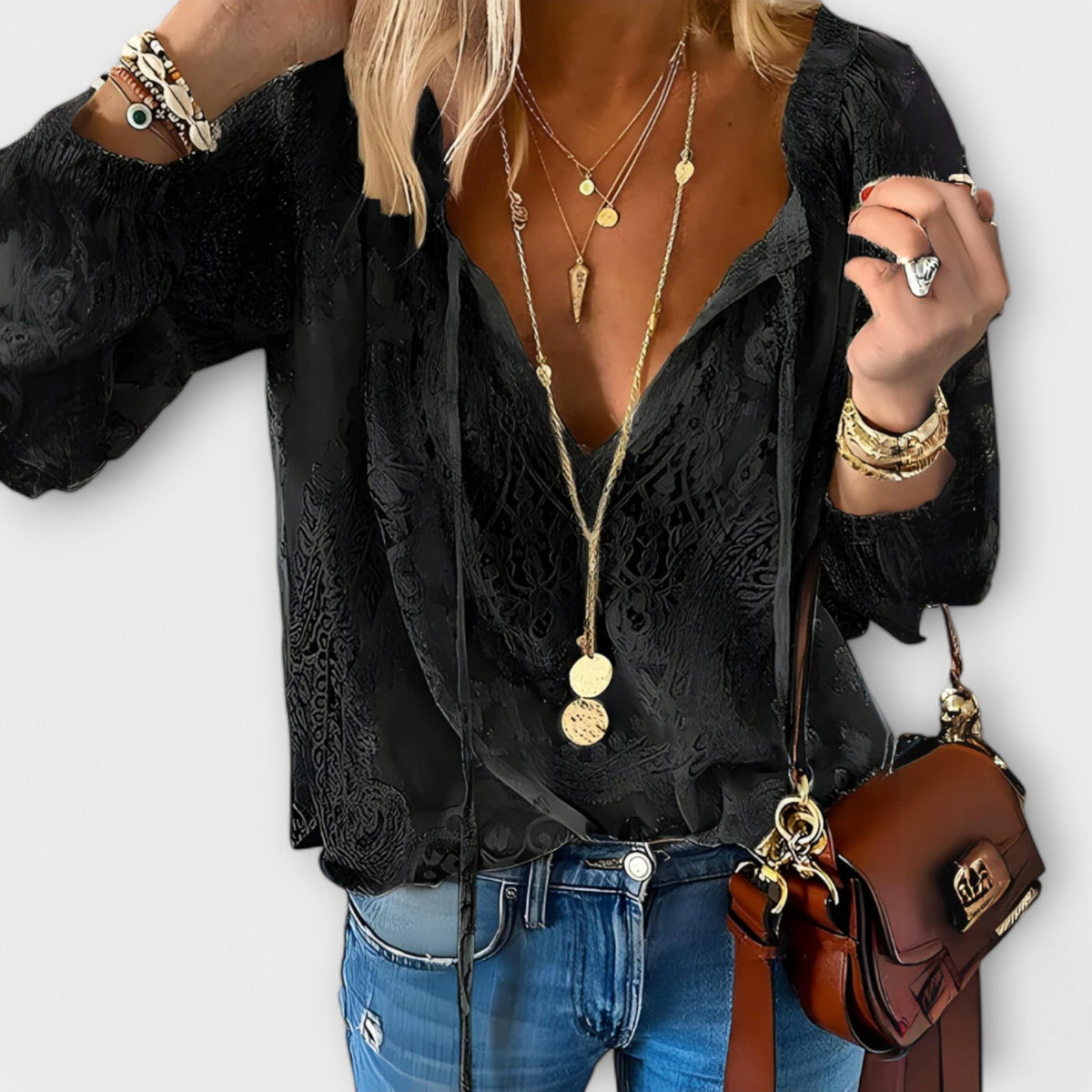 Zeleste™ | Women's Lace V-Neck Blouse Long Sleeve Boho Top